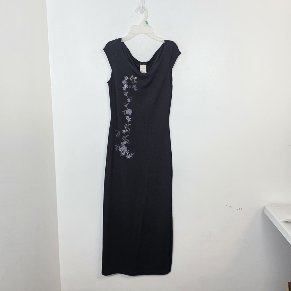 Vintage Ecru Black Purple Floral Whimsygoth Gothic Dark Romantic Maxi Dress Sz M - Picture 2 of 8
